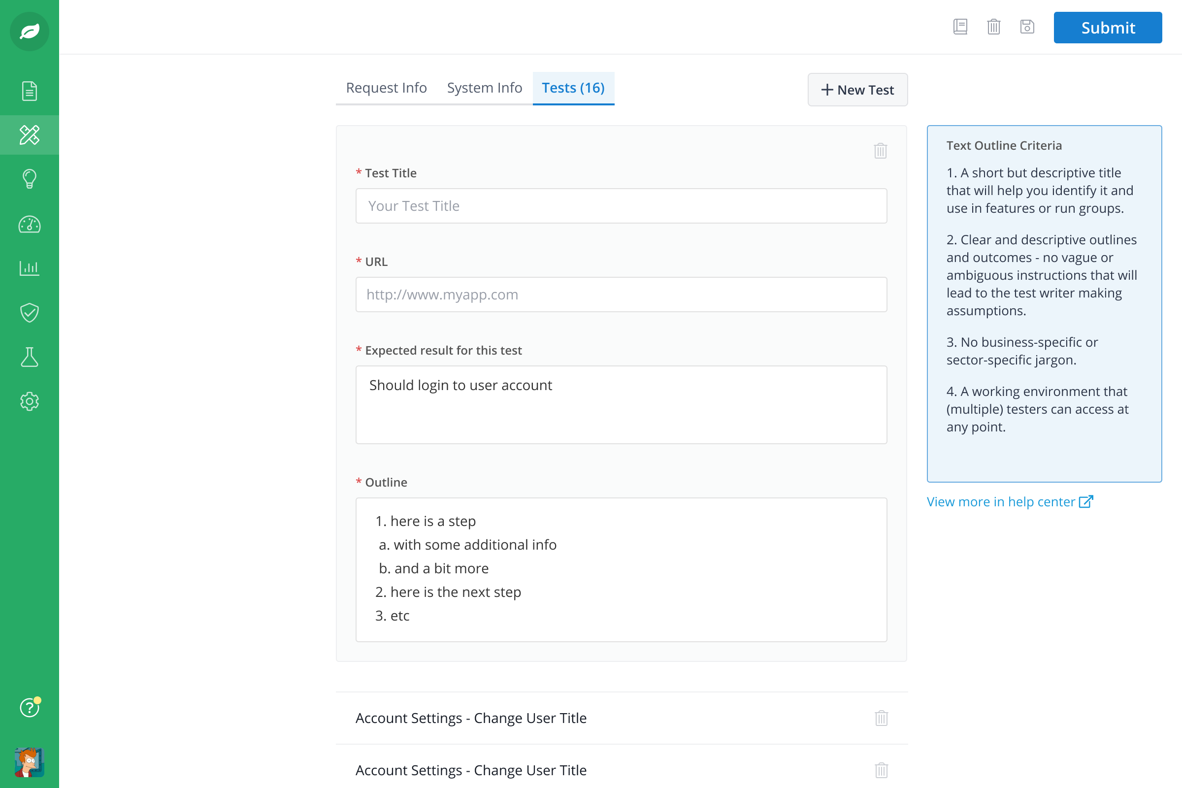 Test Designer screen 1