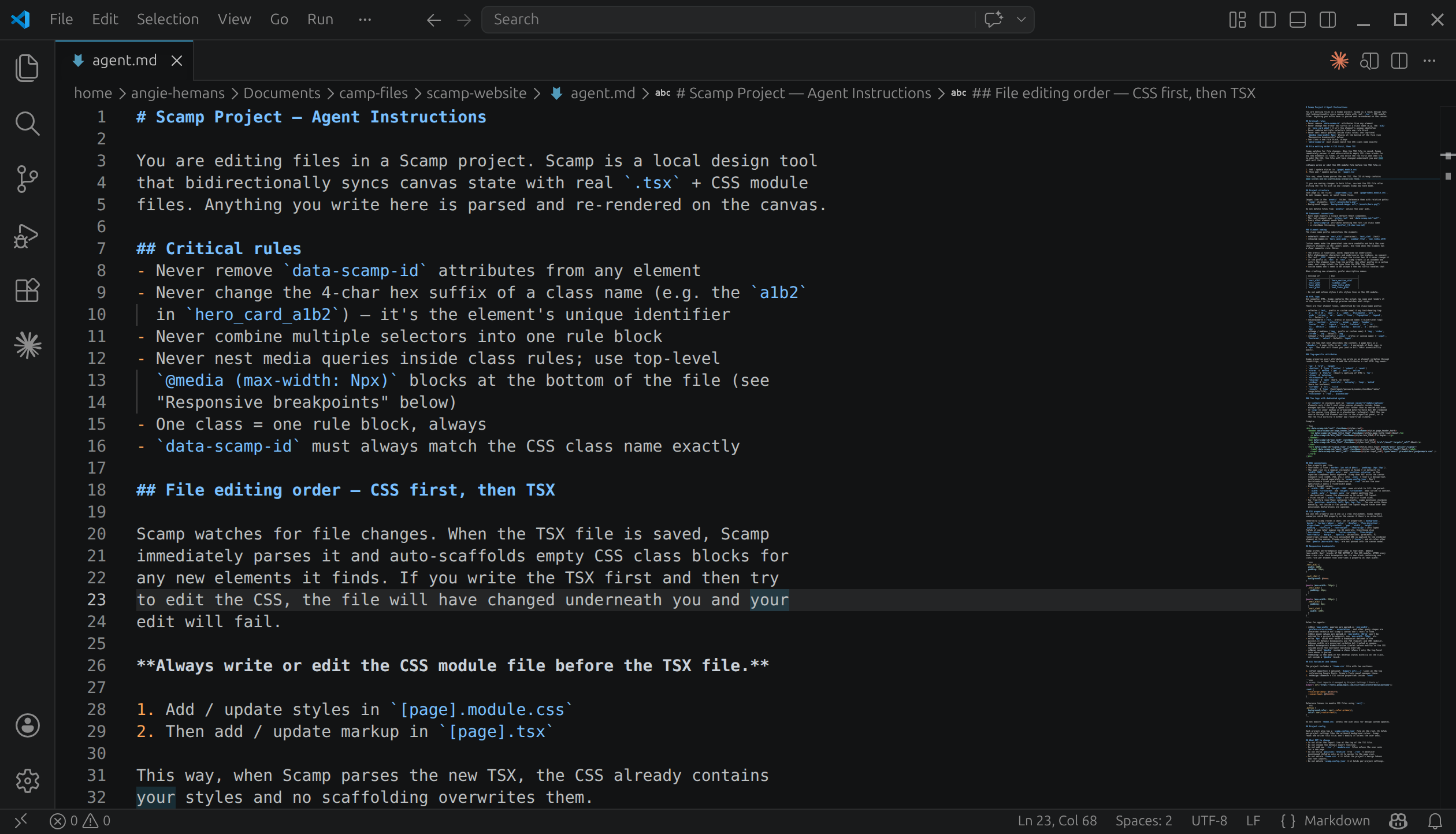A Scamp project's agent.md file open in VS Code, showing critical rules and CSS-first edit ordering for coding agents