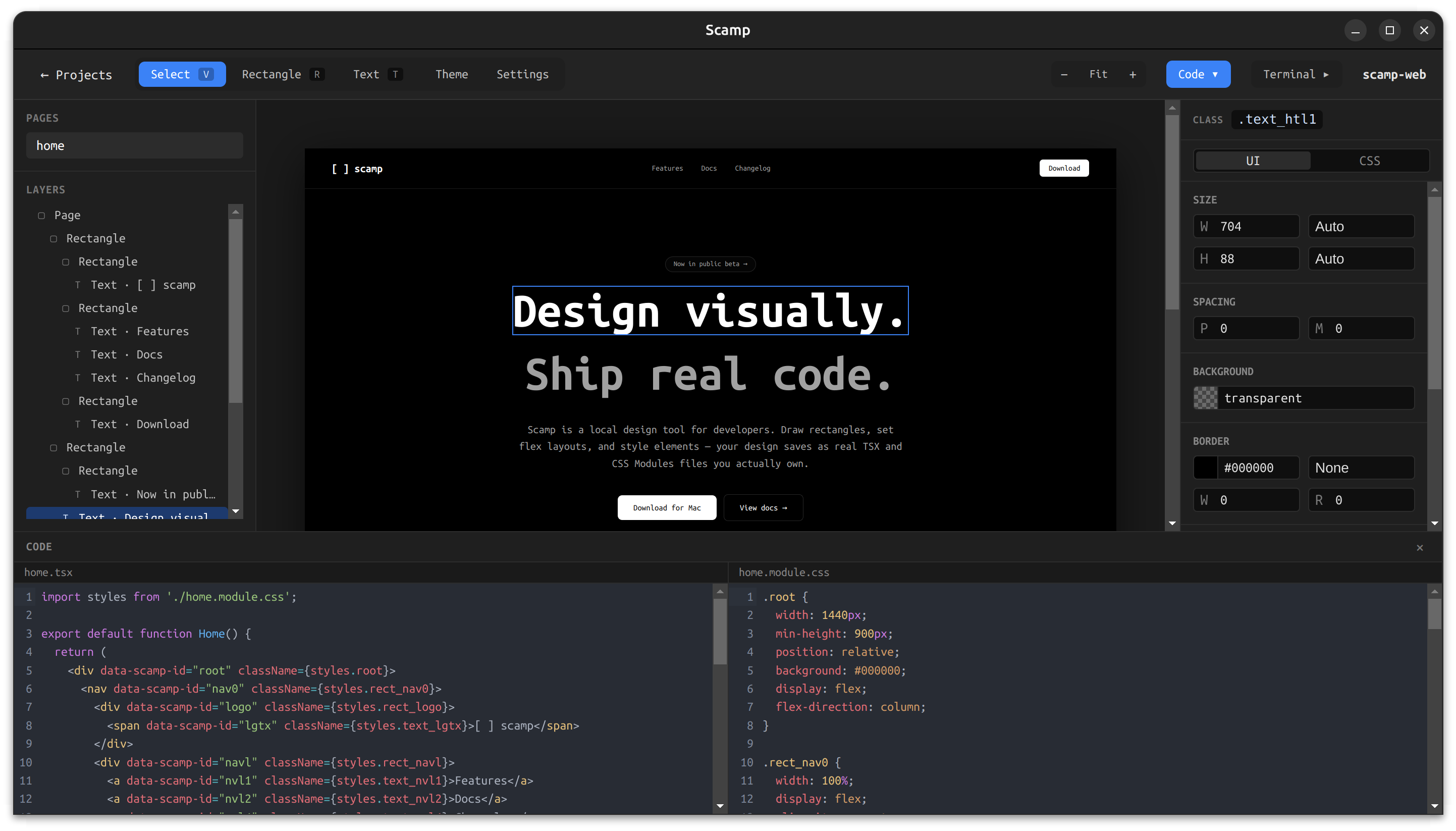 Scamp canvas above the generated TSX and CSS module files
