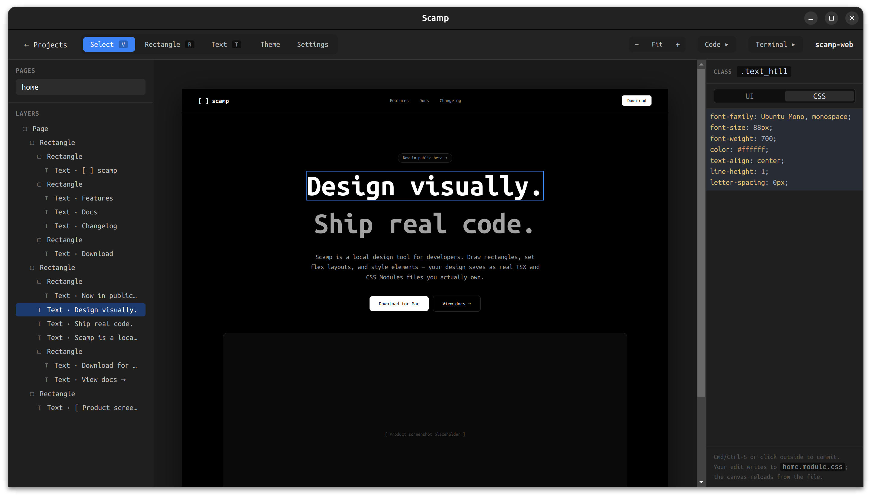 Scamp's raw CSS properties panel showing live-edited styles for the selected element