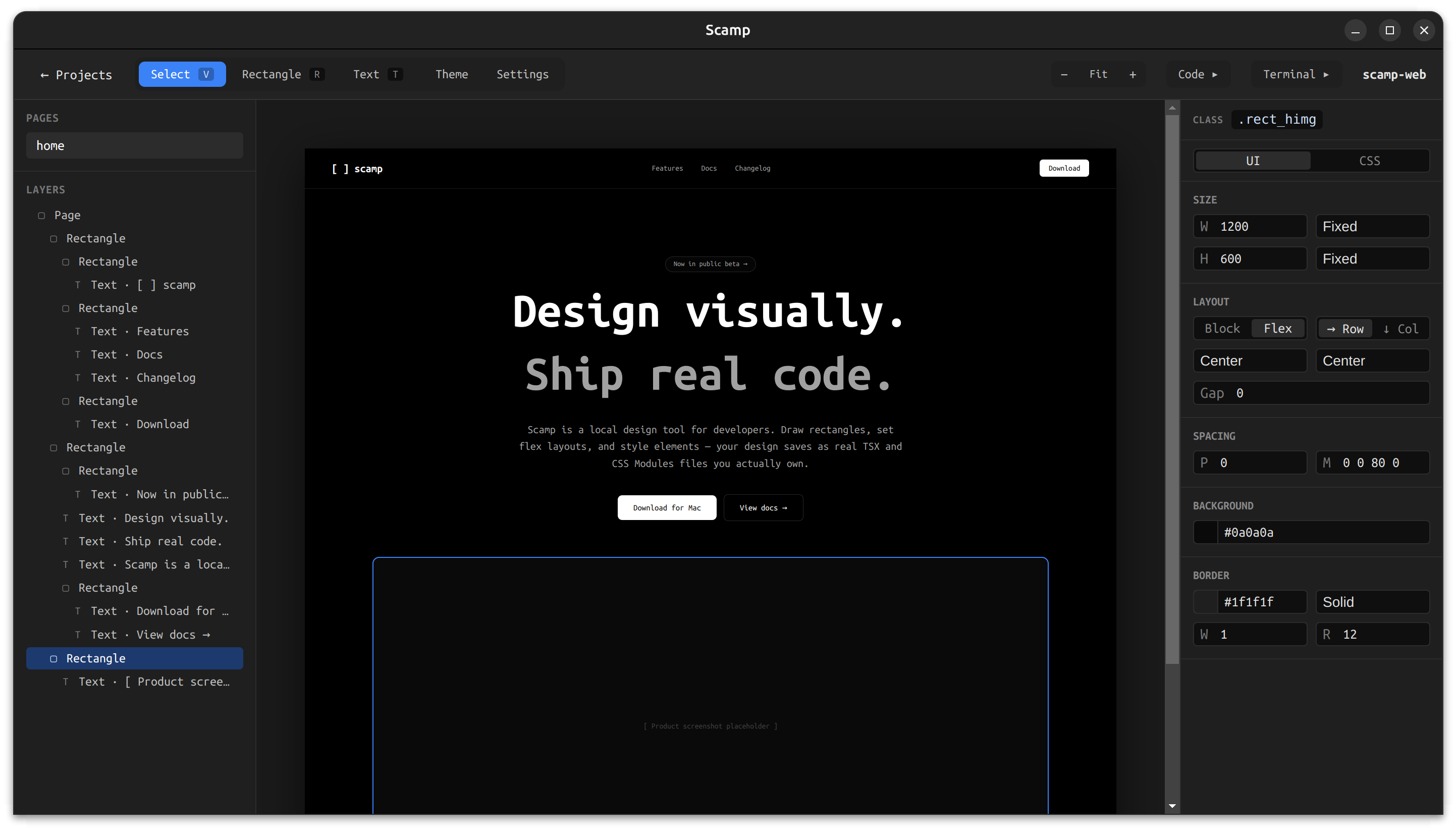 Drawing a rectangle on the Scamp canvas with size, layout, and border properties shown in the panel