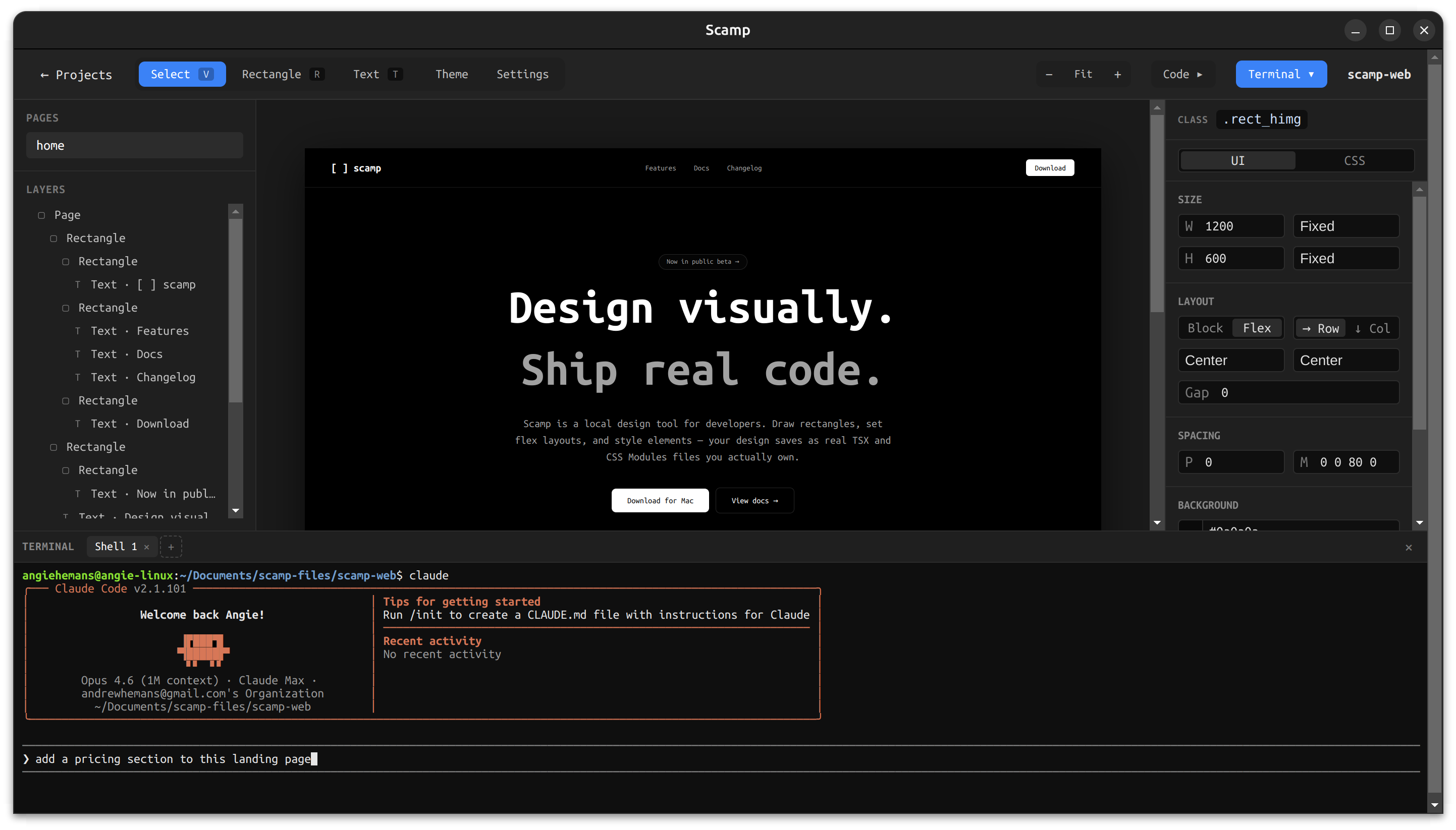 Built-in terminal in Scamp running a coding agent (Claude Code) alongside the canvas