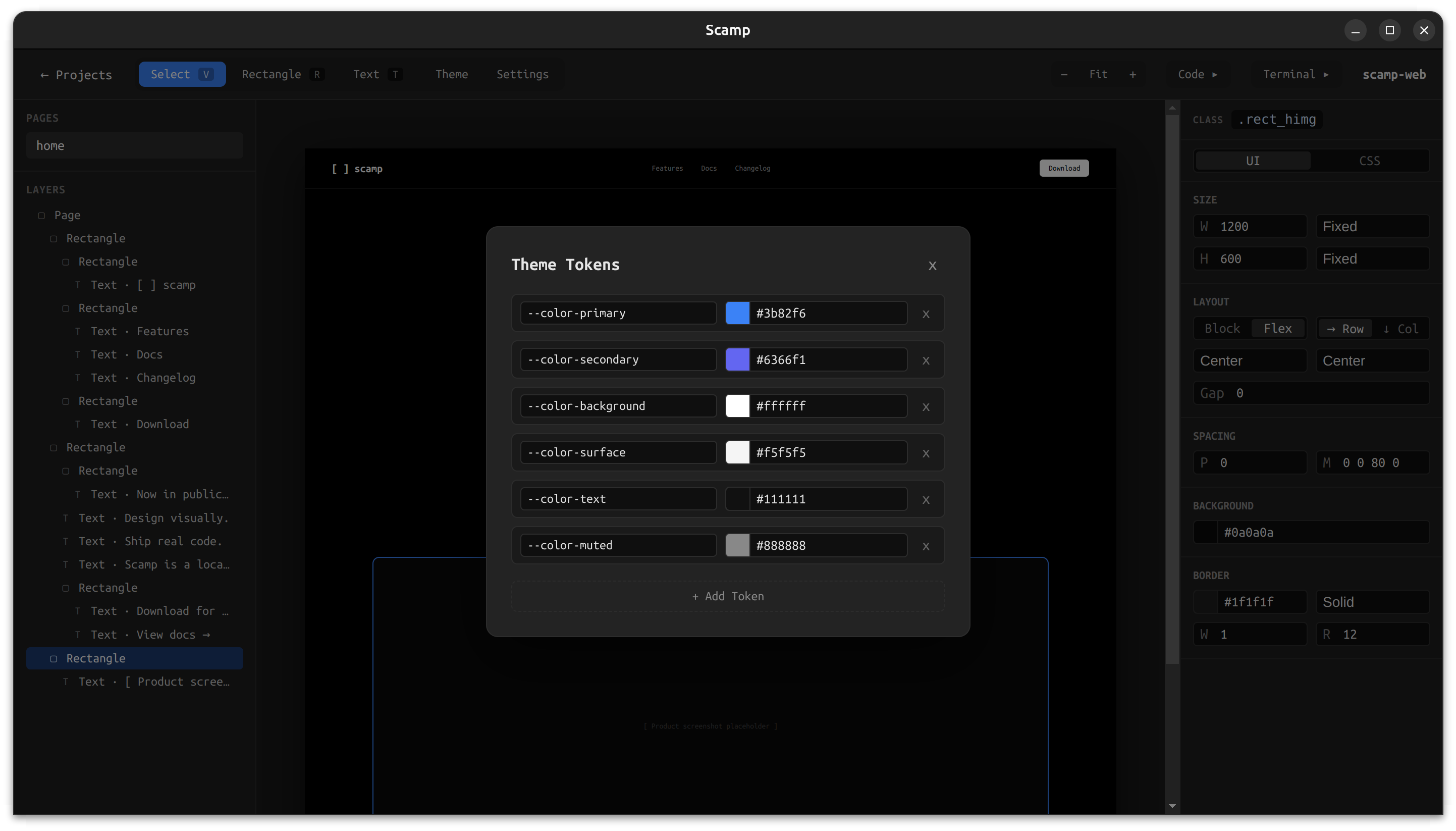 Theme Tokens dialog in Scamp showing CSS variables for color primary, secondary, background, surface, text, and muted