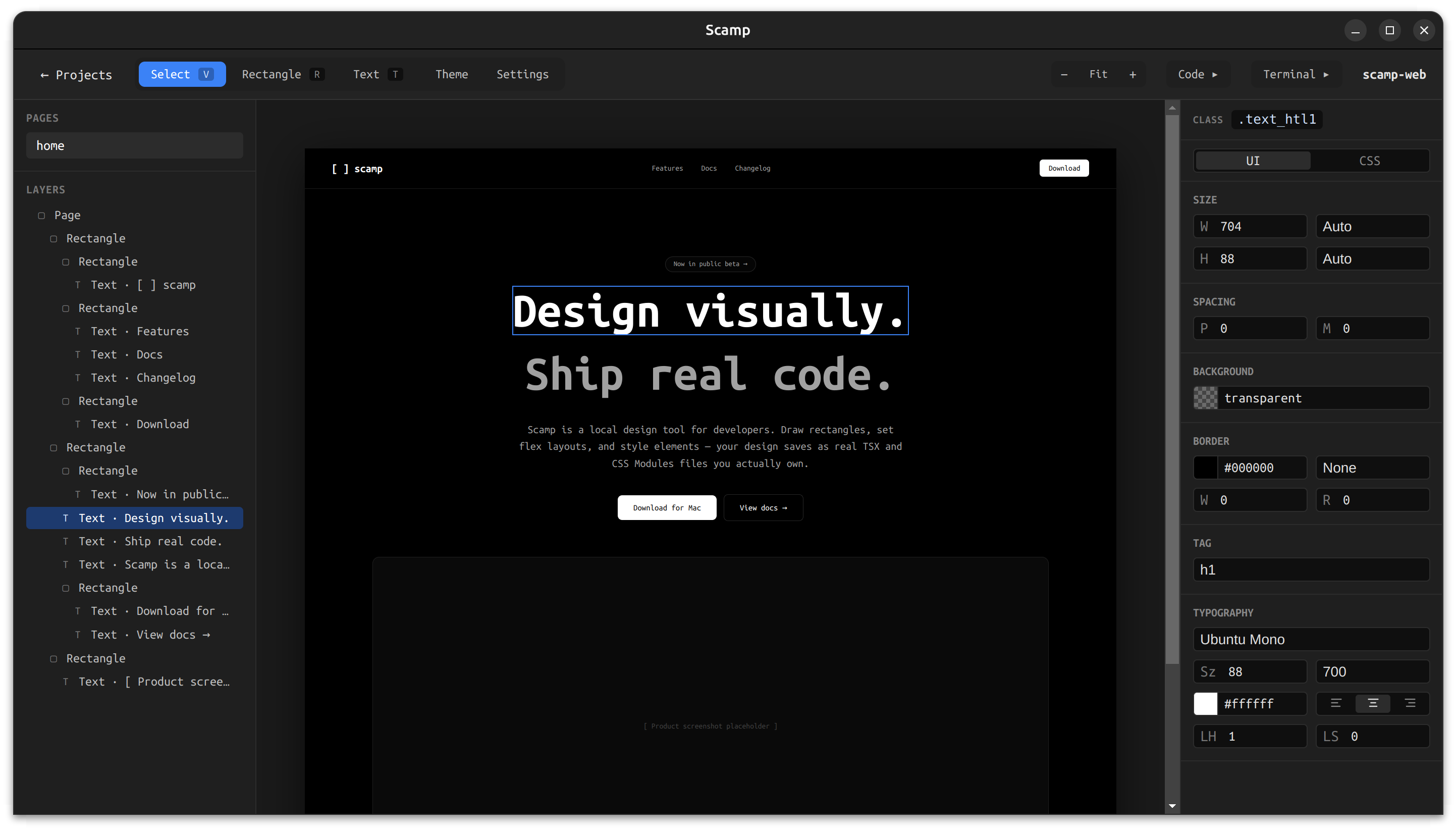 Scamp app showing canvas and properties panel